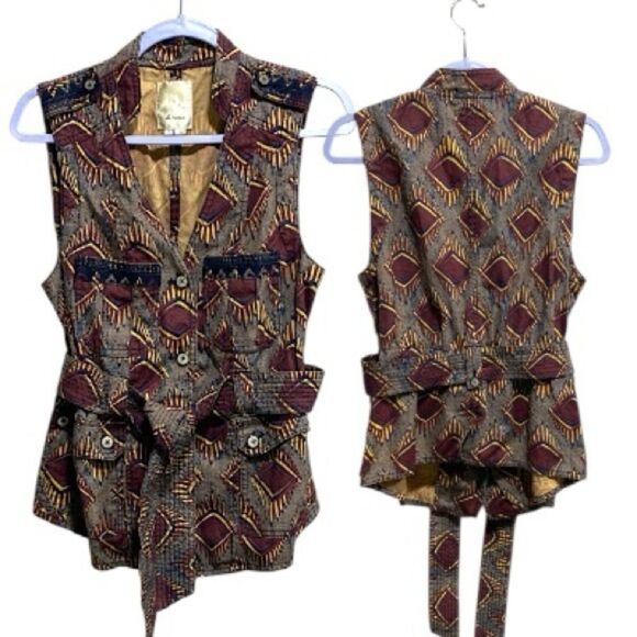 Elevenses Anthropologie Linen Blend Boho Vest Aztec Tribal Print‎ Size S - Picture 1 of 14